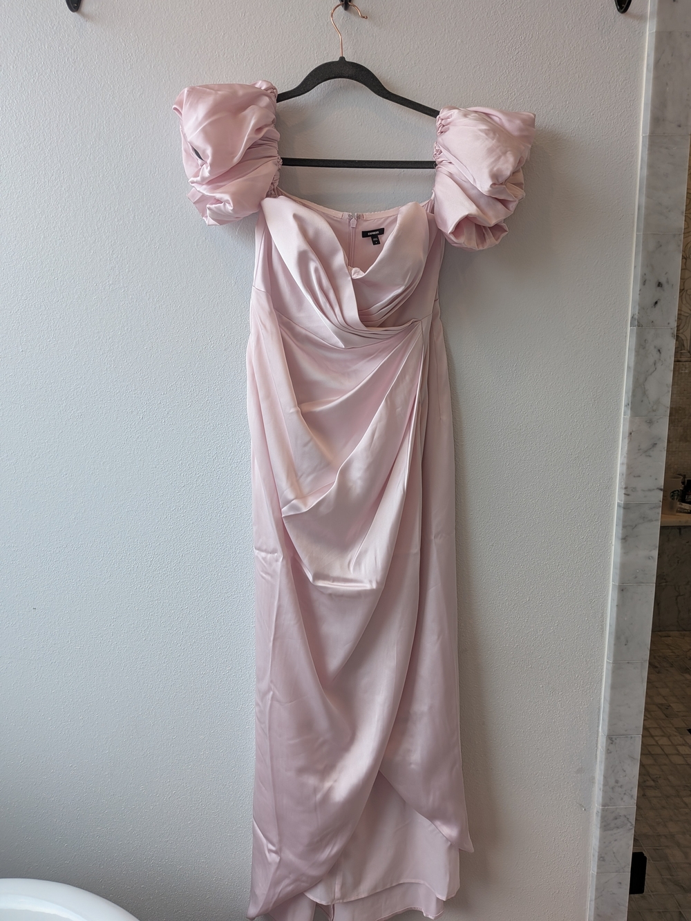 NMOT Express Women's Elegant Pink Satin Puff-Sleeve Evening Dress 8